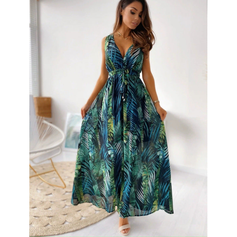 Damen Maxikleid mit floralen Mustern und tailliertem Oberteil R&B