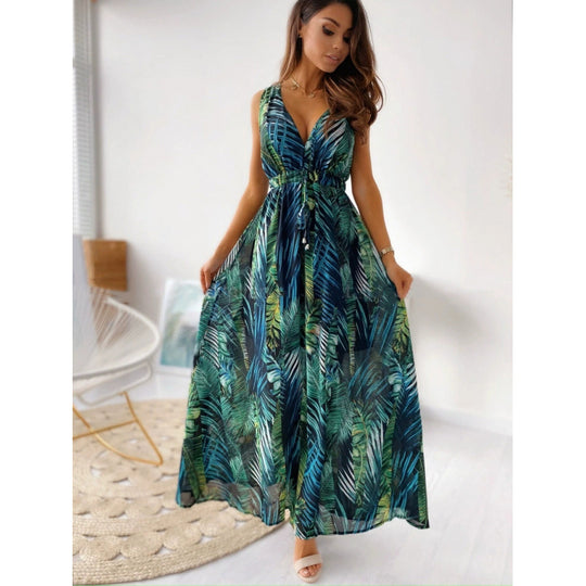 Damen Maxikleid mit floralen Mustern und tailliertem Oberteil R&B
