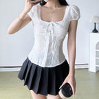 Damen Kurzarm Hemdbluse mit eleganter Raffung und verspieltem BindR&Band R&B