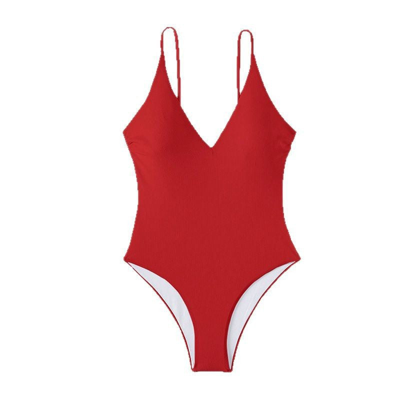 Damen Einteiliger Badeanzug mit tiefem V-Ausschnitt und feinem Rippdesign