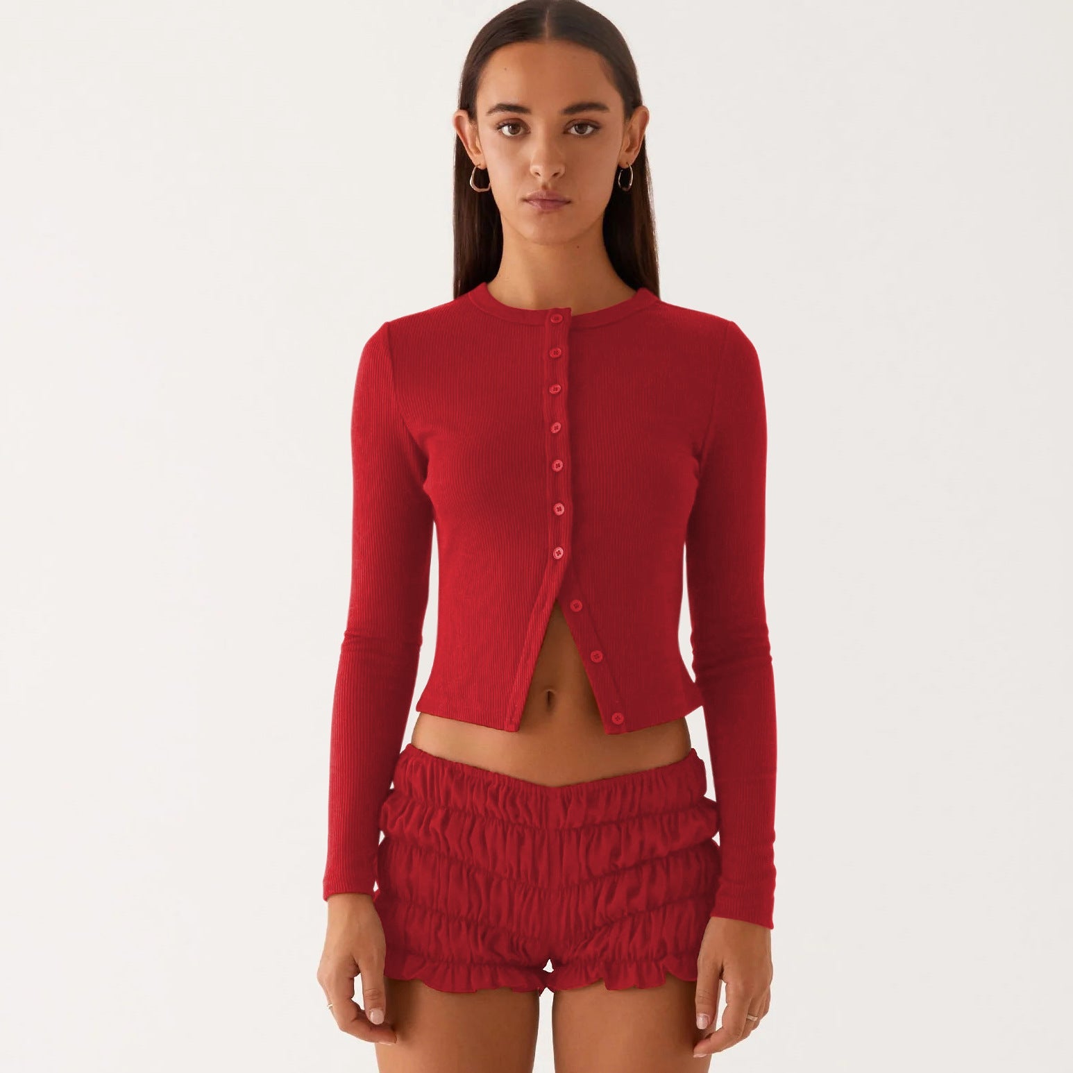 R&B | Einfarbige schmal geschnittene lange Strickjacke