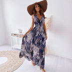 Damen Maxikleid mit floralem Druck und tiefer V-Ausschnitt R&B