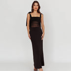 Damen elegantes Maxikleid mit transparenter Spitze und Schulterbändern R&B