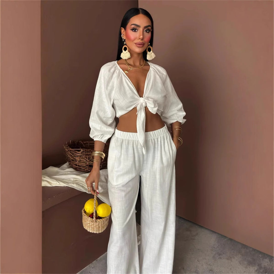 Damen elegantes Zwei-Teiler-Set mit Knotenoberteil und weitem Bein R&B