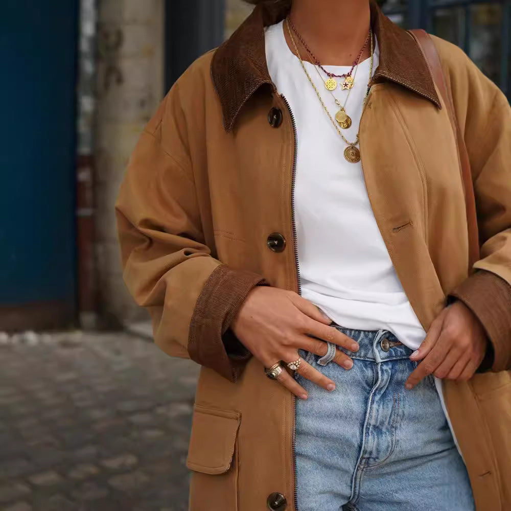 Damen lässige Baumwolljacke mit weichem Kragen und praktischen Taschen R&B
