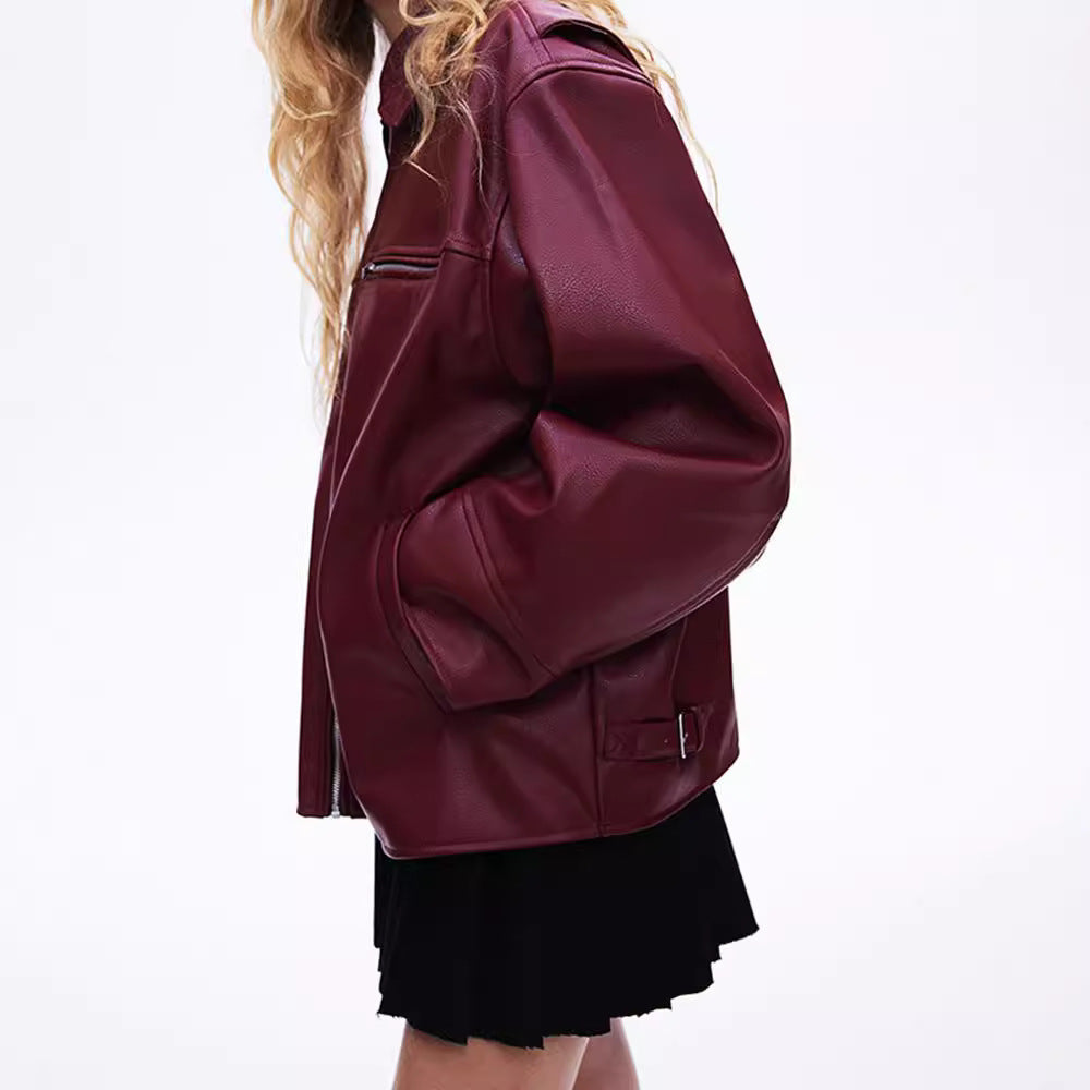 Damen modische Kunstlederjacke mit elastischem Saum und modernem Schnitt R&B
