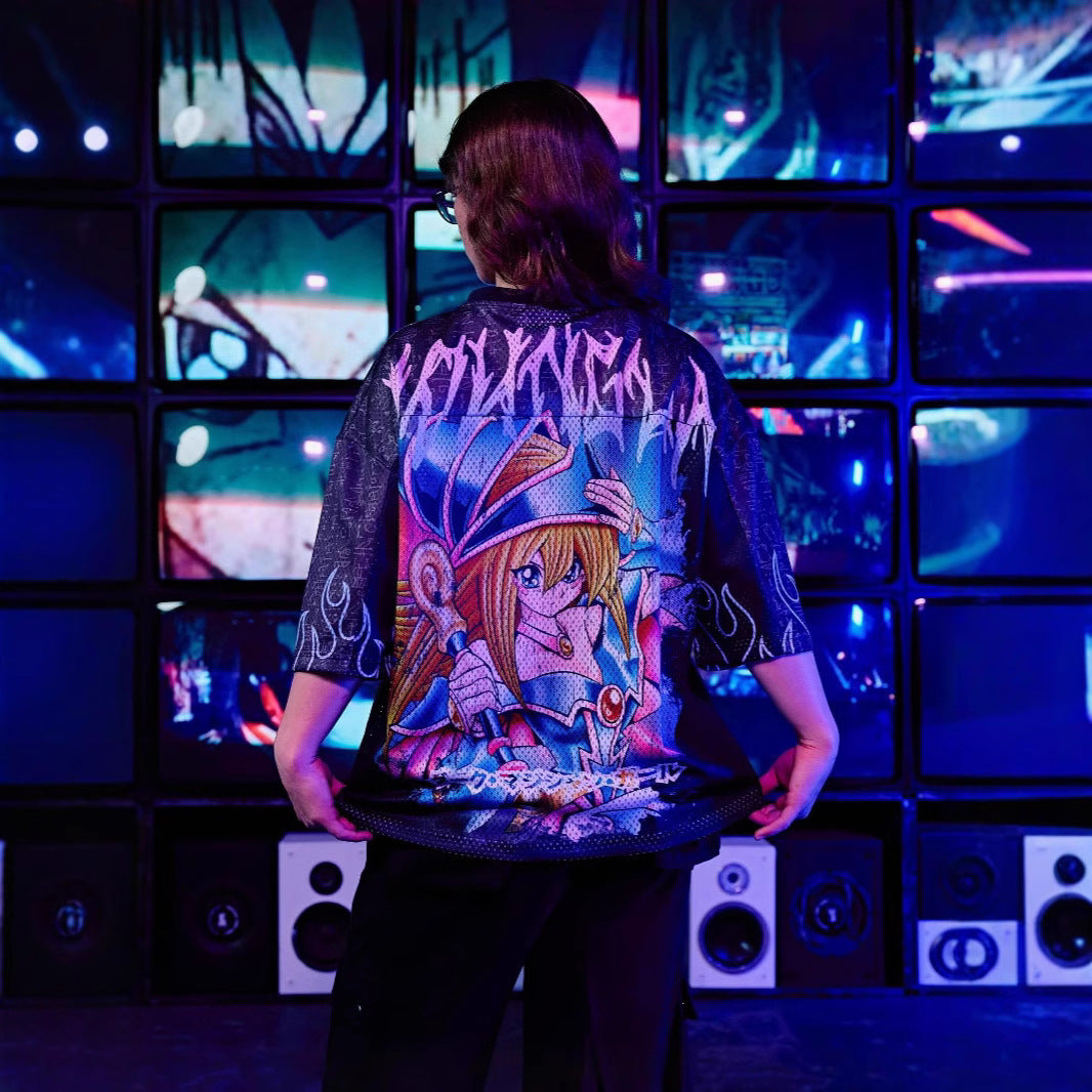 Unisex nan atmungsaktives Netz-Jersey mit großflächigem Anime-Print und V-Ausschnitt R&B