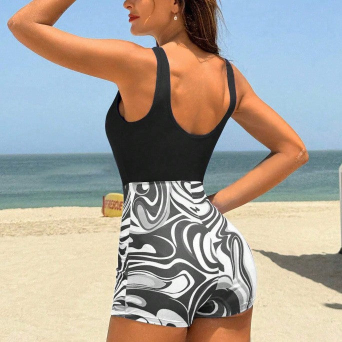 Damen Einteiler Badeanzug mit hochtaillierter Shorts und elegantem Muster R&B