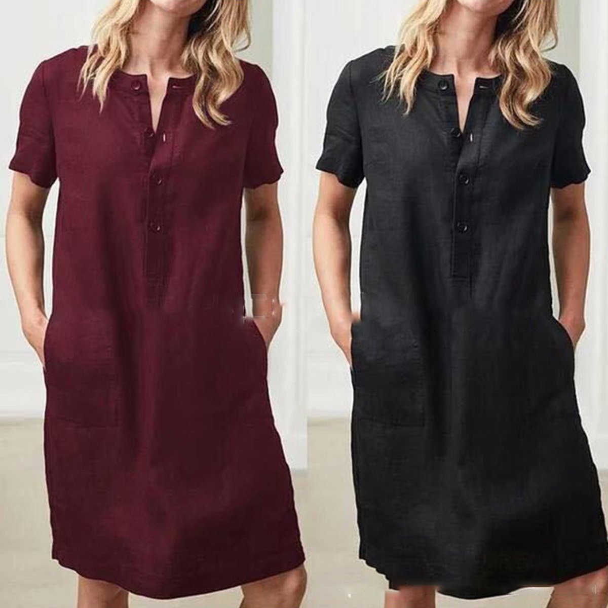 Damen lässiges Leinenkleid mit Knopfleiste und praktischen Taschen R&B