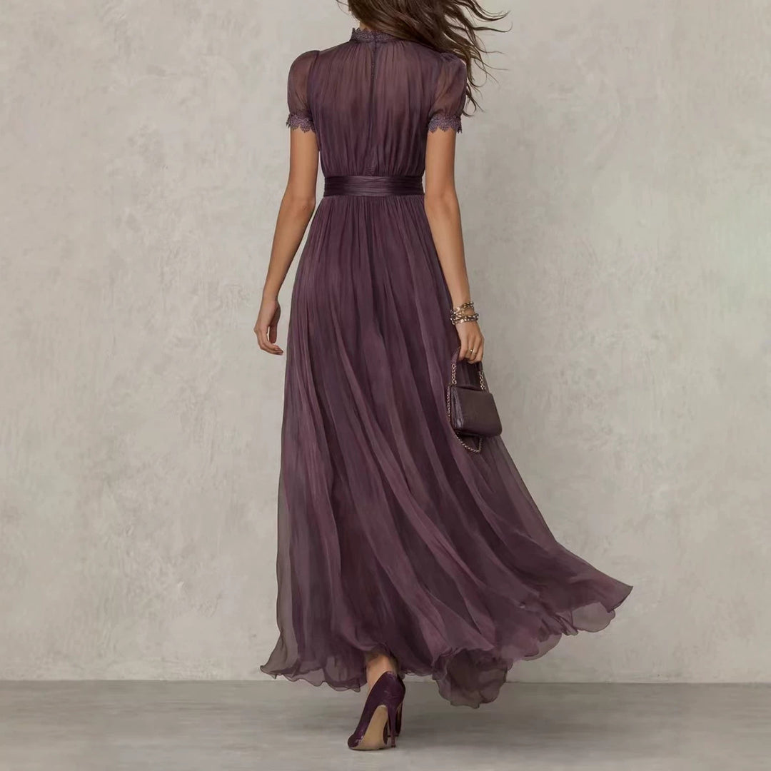 Damen nan langes Chiffon-Abendkleid mit Spitzen‑Stehkragen, Schlüsselöffnung und taillierter Schärpe R&B