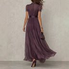 Damen nan langes Chiffon-Abendkleid mit Spitzen‑Stehkragen, Schlüsselöffnung und taillierter Schärpe R&B