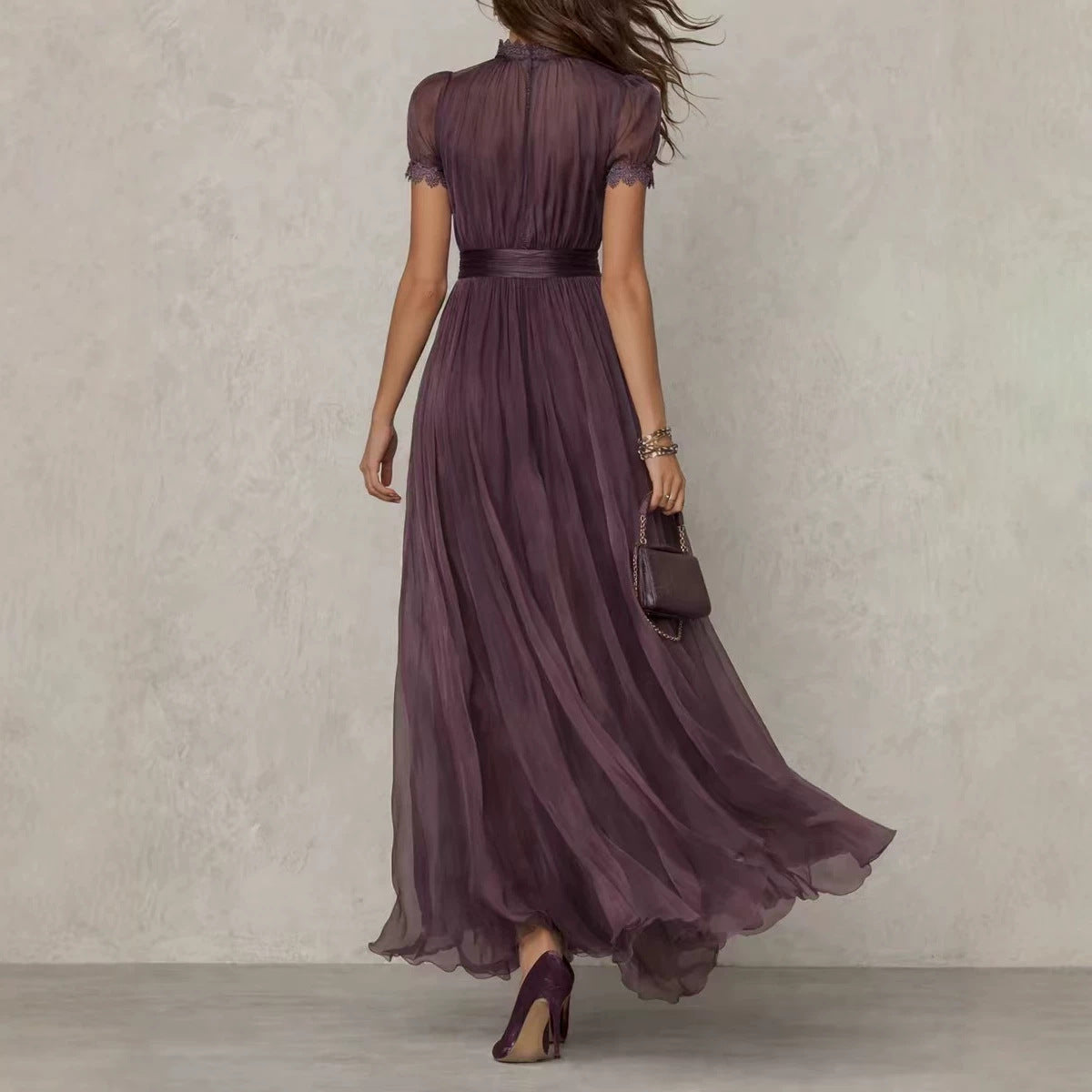 Damen nan langes Chiffon-Abendkleid mit Spitzen‑Stehkragen, Schlüsselöffnung und taillierter Schärpe R&B