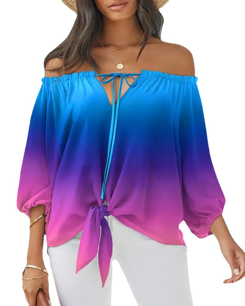 Damen Off-Shoulder Bluse mit floralem Design und Bindegürtel R&B