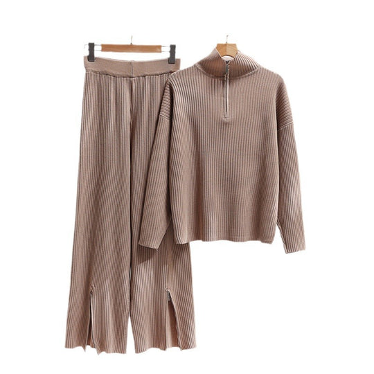 Damen lässiges Strickensemble mit hohem Kragen und seitlichen Schlitzen R&B