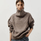 Damen Gemusterter Strickpullover mit hohem Kragen und Halbreißverschluss R&B