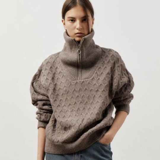 Damen Gemusterter Strickpullover mit hohem Kragen und Halbreißverschluss R&B