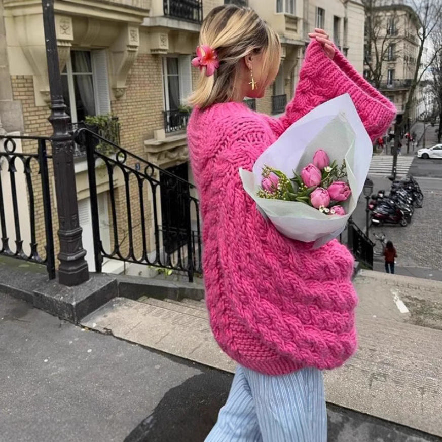 Damen oversize Strickpullover mit Zopfstrickmuster R&B