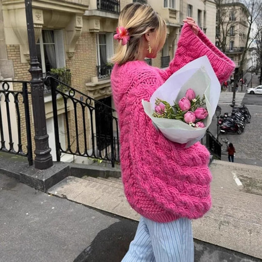 Damen oversize Strickpullover mit Zopfstrickmuster R&B