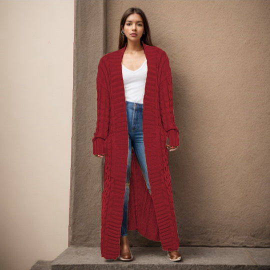 Damen Langer Strickcardigan mit raffiniertem Zopfdesign und praktischen Taschen R&B