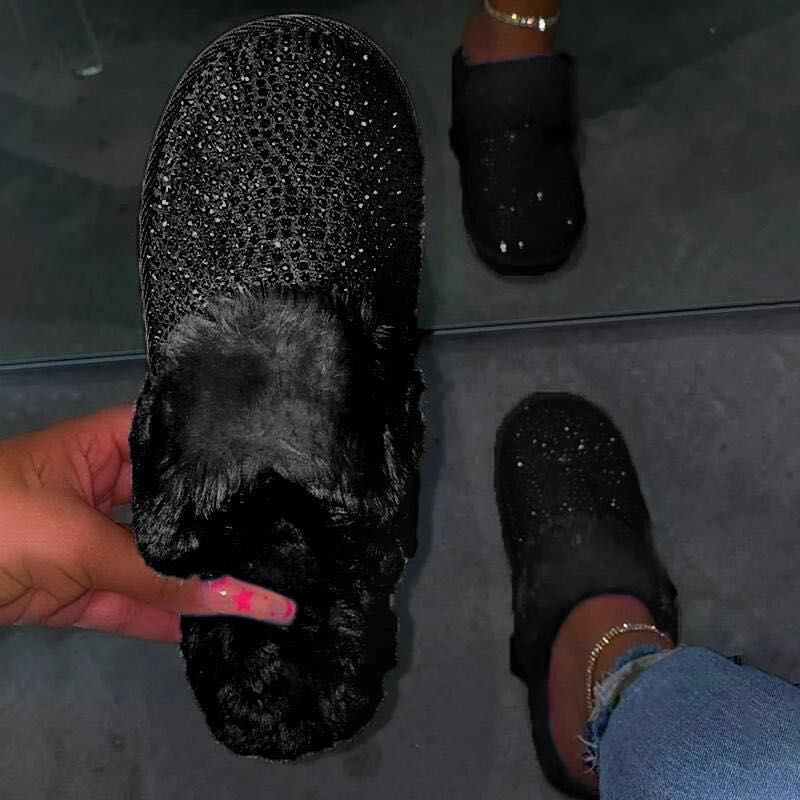 Damen Glamouröse Hausschuhe mit Glitzer und weichem Fell R&B