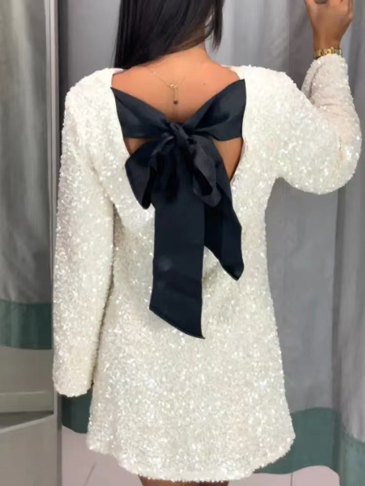 Damen Glamouröses Mini-Kleid mit glitzernden Pailletten und eleganten Puffärmeln R&B