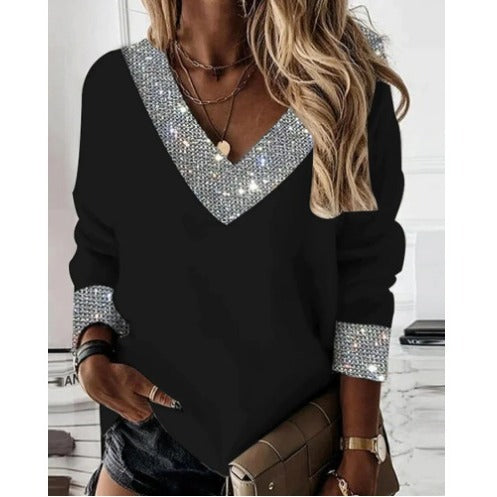 Damen V-Ausschnitt Sweater mit glitzernden Akzenten Heidi-Mode