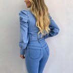 Damen Jeans-Overall mit Puffärmeln und taillierbarem Gürtel R&B
