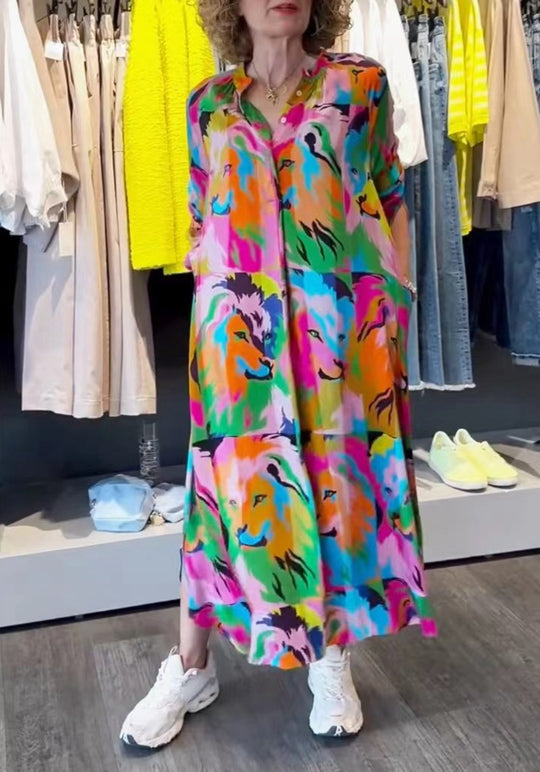 Damen Freizeit Maxikleid mit buntem Löwen-Design und praktischen Taschen Heidi-Mode