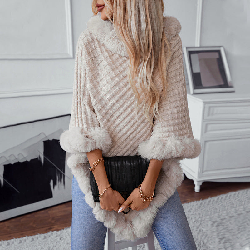 Damen kuschelige Strickdecke mit luxuriösem Kunstfellbesatz R&B