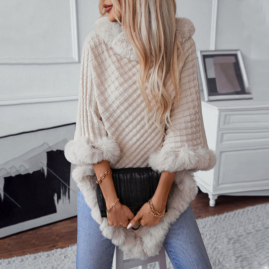Damen kuschelige Strickdecke mit luxuriösem Kunstfellbesatz R&B