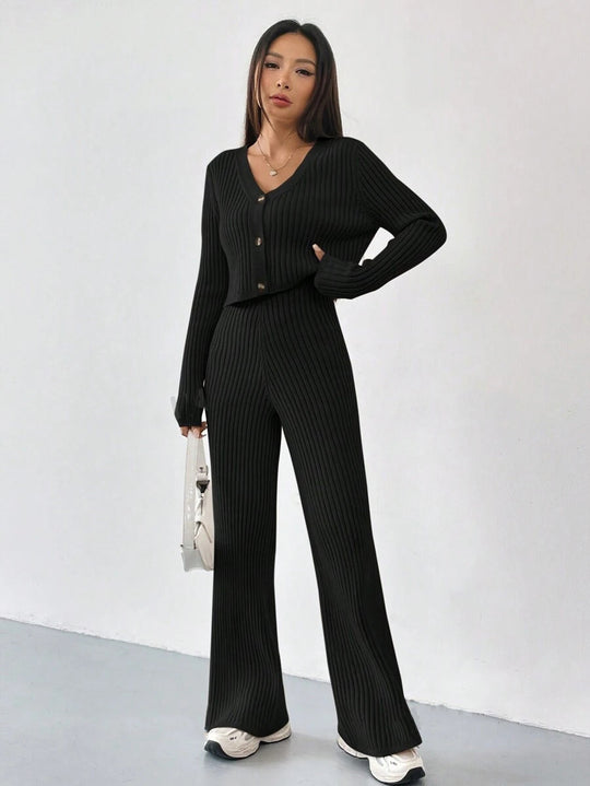 Damen Elegantes Strick-Lounge-Set mit V-Ausschnitt und hohen Bündchen R&B