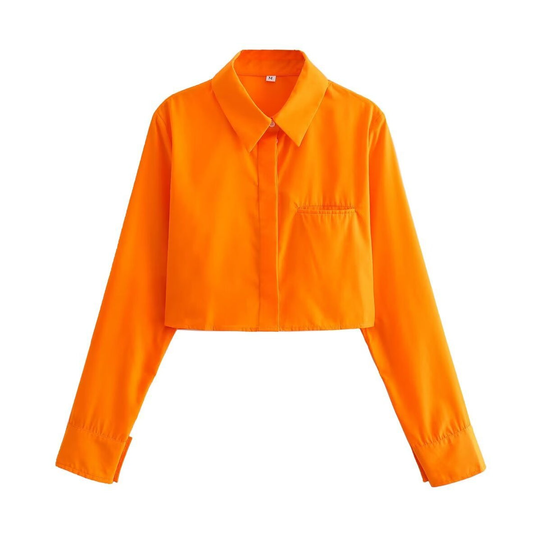 Damen cropped Bluse mit klassischem Kragen und praktischen Brusttaschen R&B