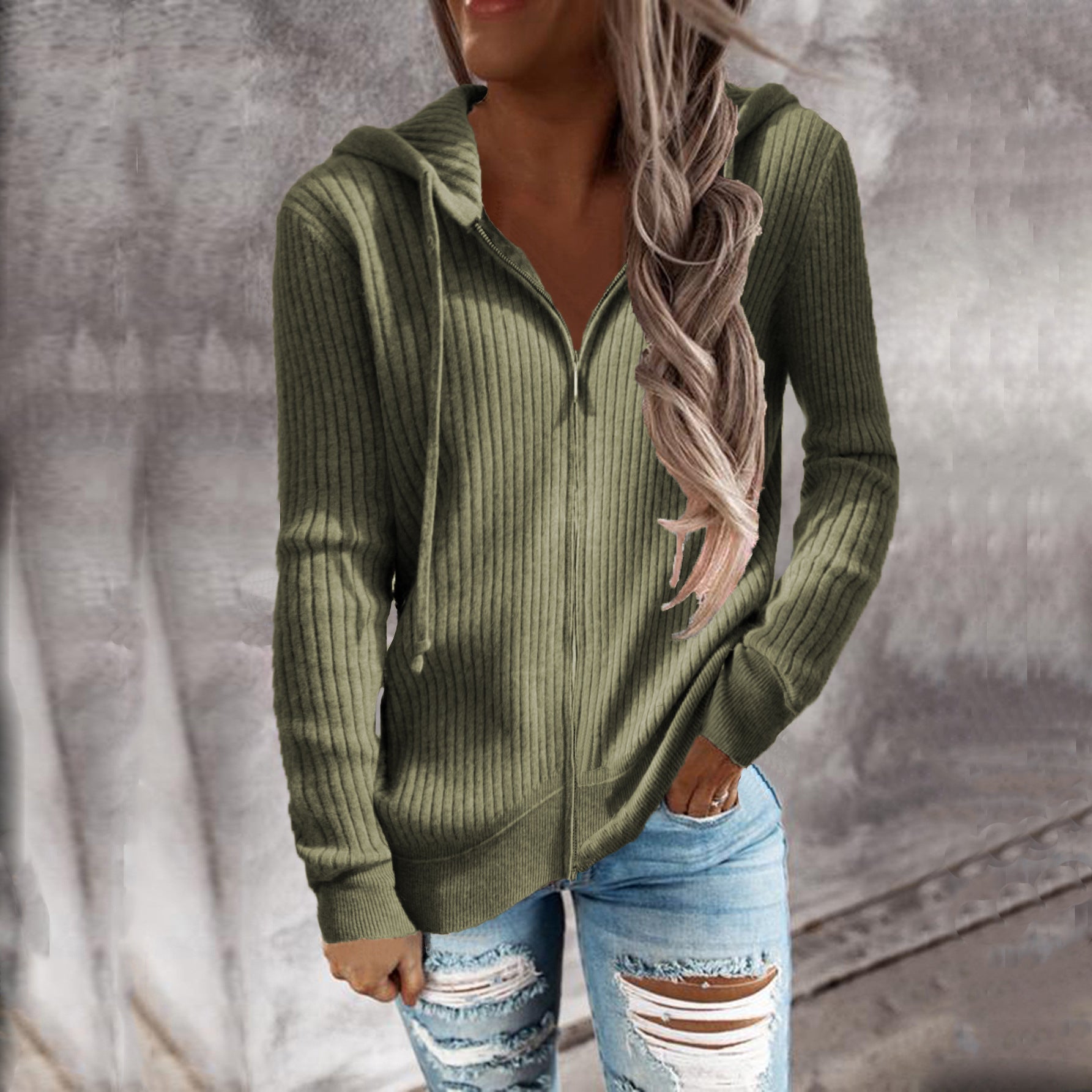 Damen Strickjacke mit Kapuze und Rippstruktur R&B