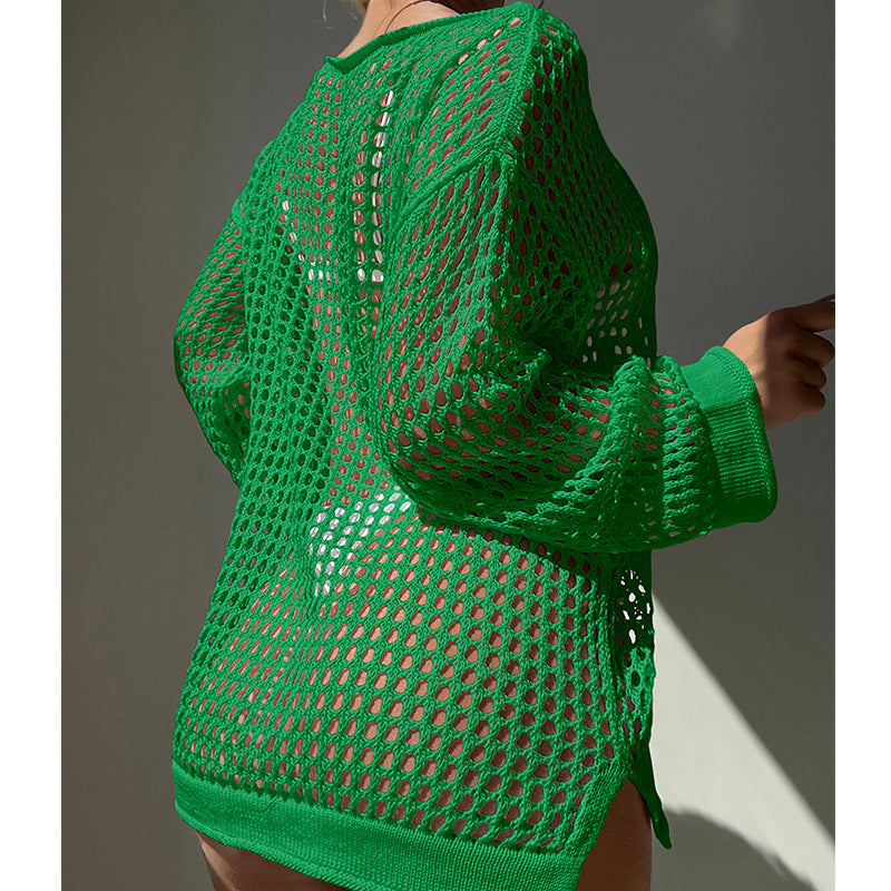 Damen luftiger Grobstrick Pullover mit weitem Schnitt und offenen Ärmeln R&B