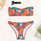 Damen Bandeau-Bikini mit tropischem Muster und elastischem Unterteil