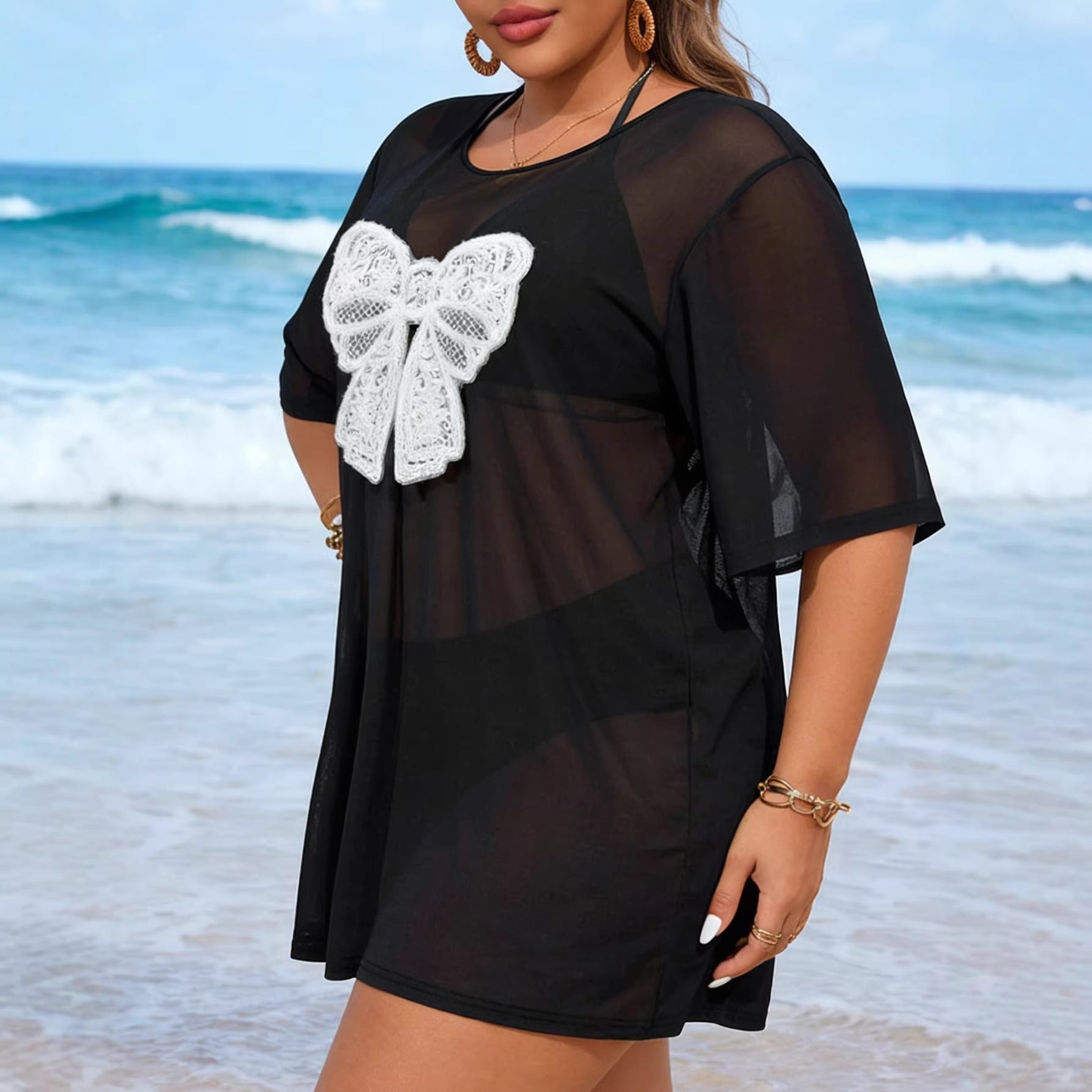 Damen luftiger Häkel-Strandüberwurf mit dekorativem Schleifen-Detail R&B