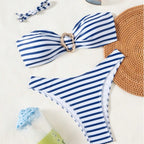 Damen Bandeau-Bikini mit modischen Streifen und elegantem Ringdetail R&B