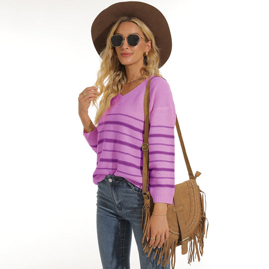 Damen lässiger Pullover mit modernem Streifenmuster und V-Ausschnitt R&B