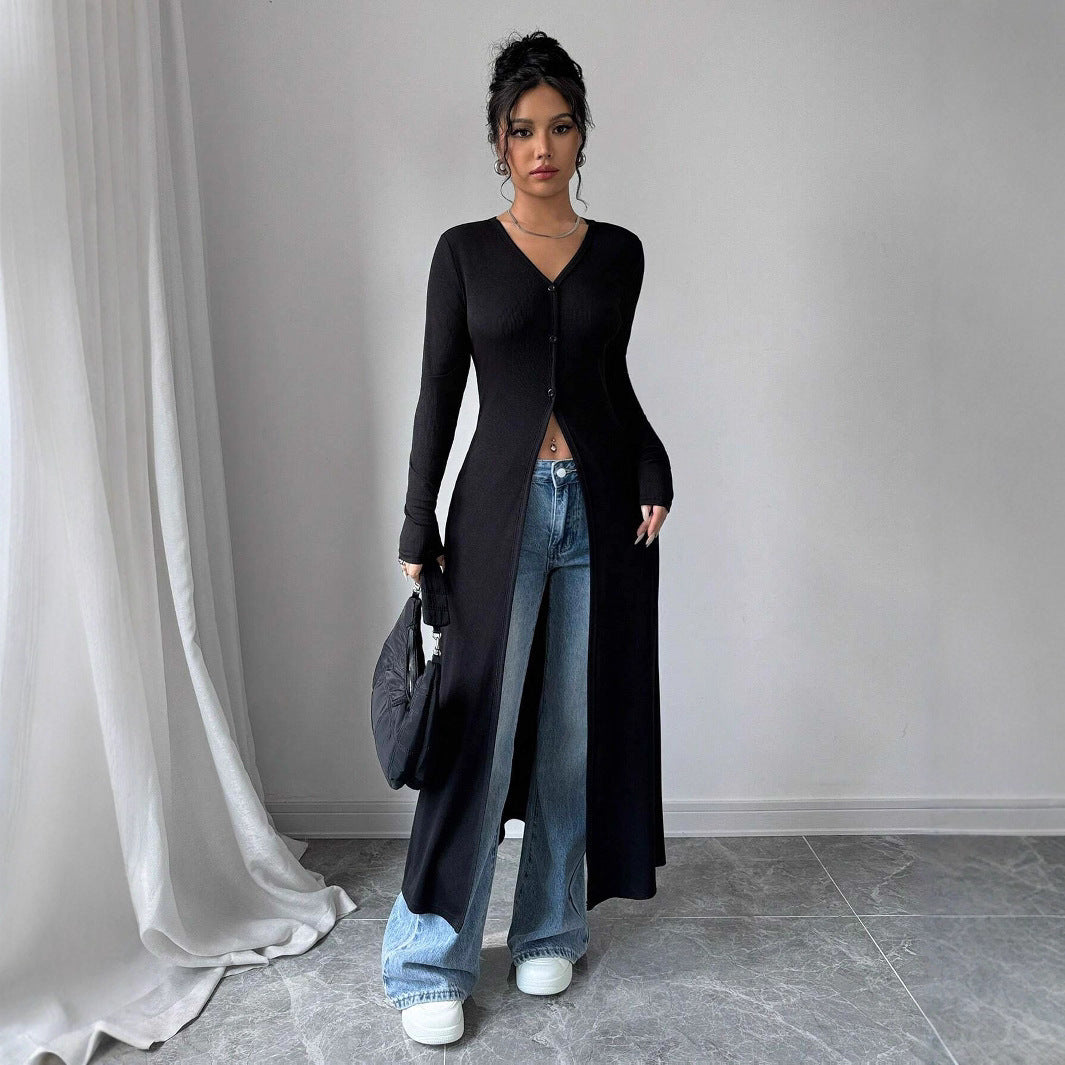Damen Langstrickjacke mit V-Ausschnitt und Knopfverschluss R&B
