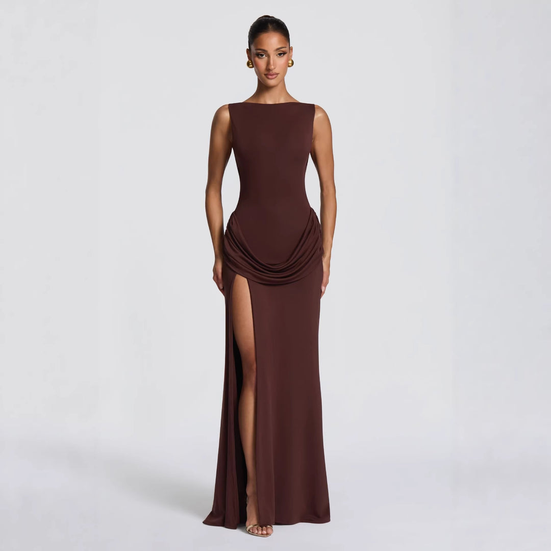 Damen elegantes Wickel-Maxikleid mit asymmetrischem Rüschendesign und sexy Schlitz R&B