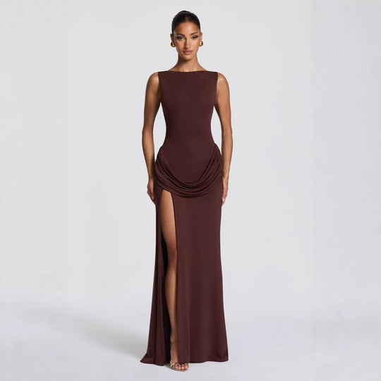 Damen elegantes Wickel-Maxikleid mit asymmetrischem Rüschendesign und sexy Schlitz R&B