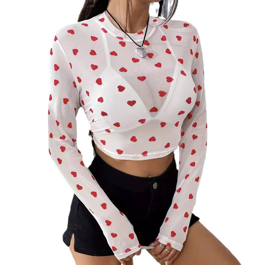 Damen Langarm-Crop-Top mit herzförmigem Design und transparentem Stoff R&B