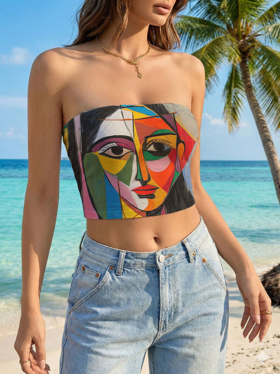 Damen Bandeau-Top mit floralem Vogelmotiv und elastischer Passform R&B