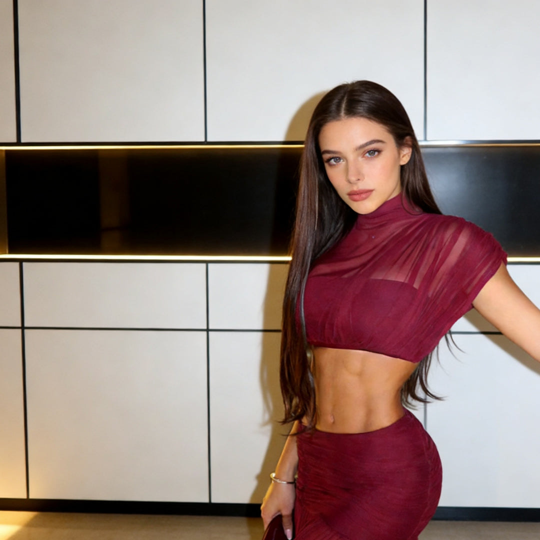 Damen Kurzärmliges Crop-Top mit gerafftem Design und elegantem Stehkragen R&B