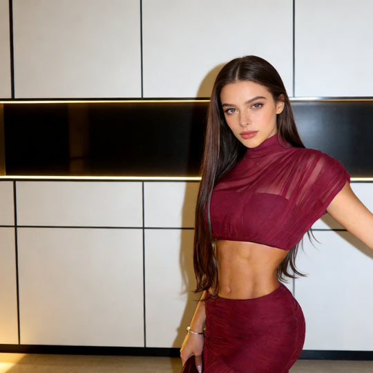 Damen Kurzärmliges Crop-Top mit gerafftem Design und elegantem Stehkragen R&B