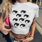 Damen Crop-T-Shirt mit kreativem Augenmotiv R&B