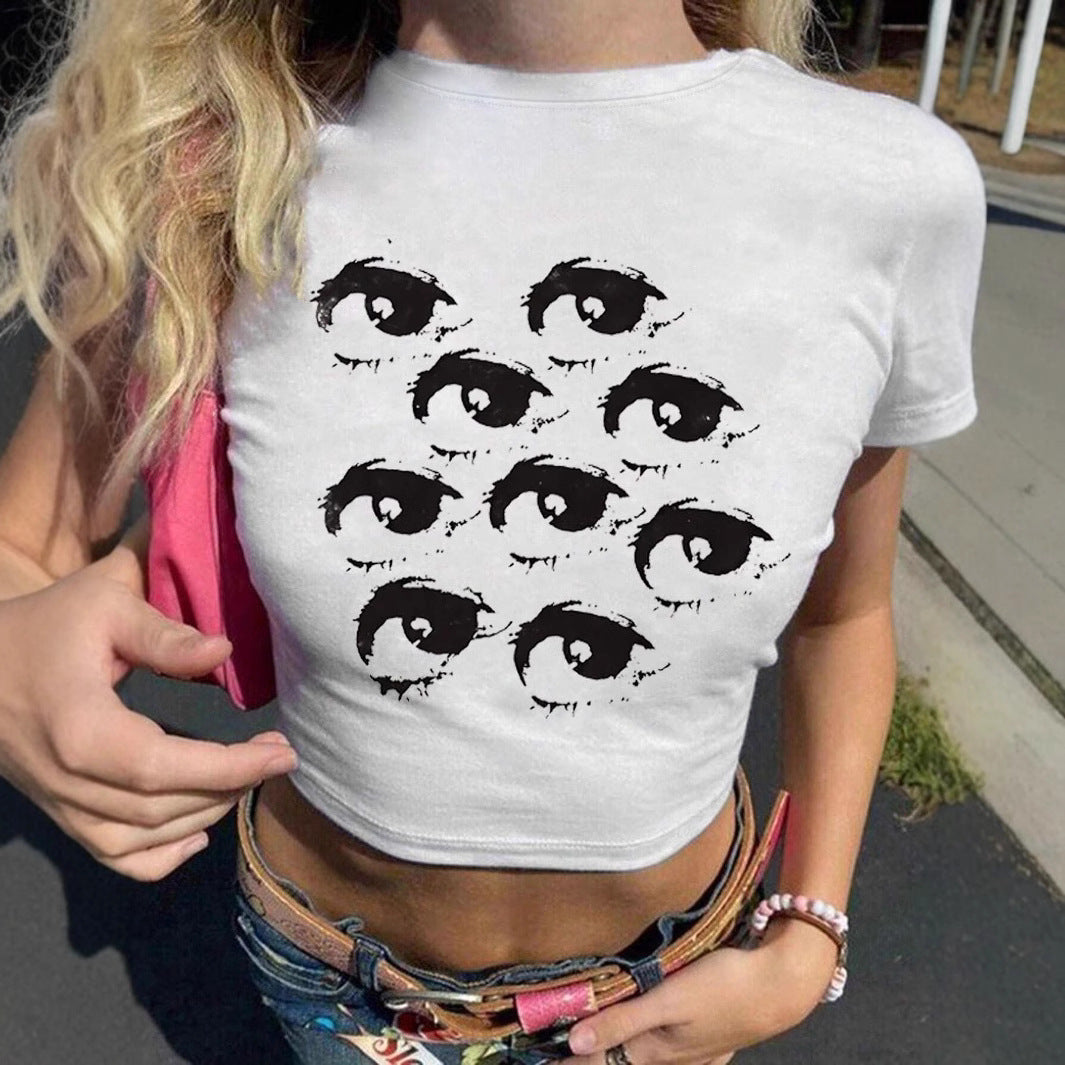 Damen Crop-T-Shirt mit kreativem Augenmotiv R&B