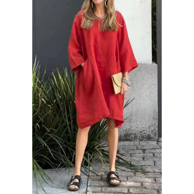 R&B | Lässiges einfarbiges Kleid aus Baumwolle mit Taschen