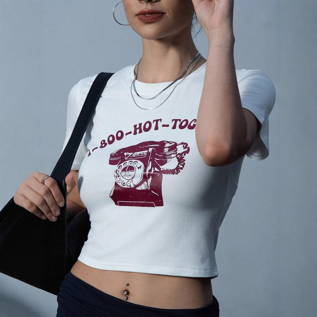 Damen Crop-T-Shirt mit kreativem Telefon-Design R&B