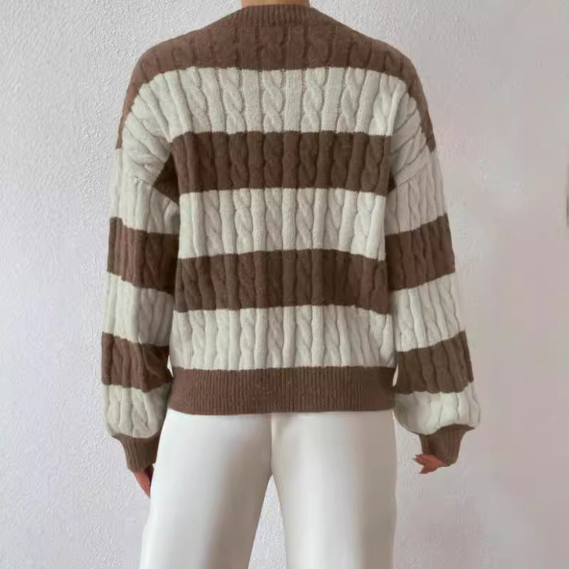 Damen V-Ausschnitt Strickpullover mit Rippstruktur und langen Ärmeln R&B